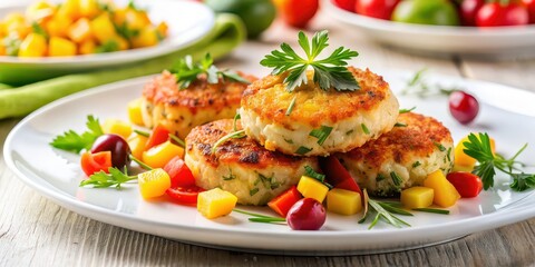 Wall Mural - Crab cakes with colorful vegetables on a white plate, seafood, savory, appetizer, delicious, gourmet, meal