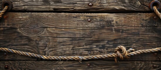 Poster - Old wooden board texture with ship rope detail on a copy space image.