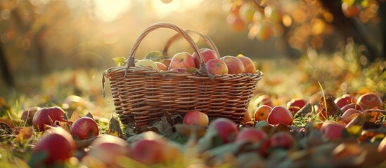 Wall Mural - ripe apples in a basket on the ground under sunlight in a copy space image, depicting a solitary sce