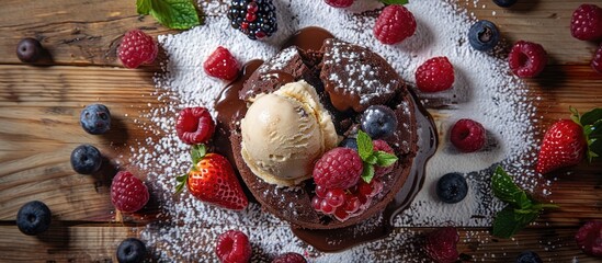 Canvas Print - Close-up view of a molten chocolate cake surrounded by ice cream and berries on a rustic wooden background with powdered sugar, creating a picturesque copy space image.