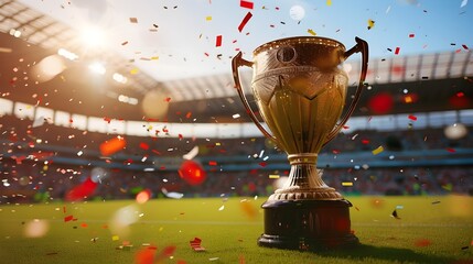 Soccer trophy shining in stadium with confetti celebrating victory