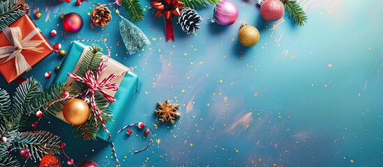 Poster - A festive arrangement with Christmas decorations, gift box, and copy space on a vibrant background creates a holiday-themed image.