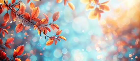 Sticker - autumn park setting with vibrant foliage hanging against a sky backdrop featuring bokeh, ideal for a