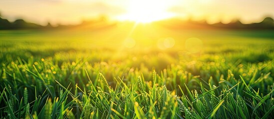 Canvas Print - A picturesque green spring field with vibrant blooming flax plants for agricultural, ecological, and springtime themes, featuring a clear copy space image.