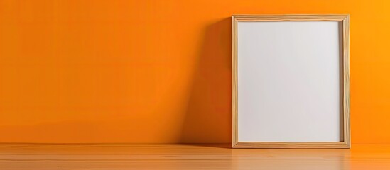 Canvas Print - A wooden frame on a plain table against an orange background, with ample space for the Editor's text in the image copy space.