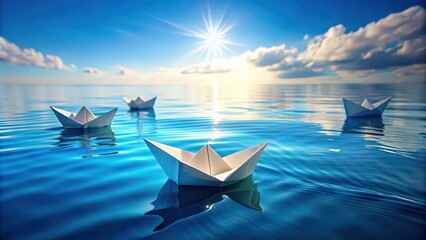 Paper origami boats peacefully sail on calm blue water surface, origami, boats, paper, calm, serene, blue water, peaceful