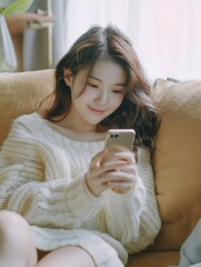 Wall Mural - Happy young korean woman sitting on sofa holding mobile phone using cellphone technology doing ecommerce shopping, buying online, texting messages relaxing on couch in cozy living room at home.