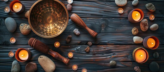 Canvas Print - A singing bowl surrounded by candles, pebbles, and set on a dark wooden background, creating a serene atmosphere for a copy space image.