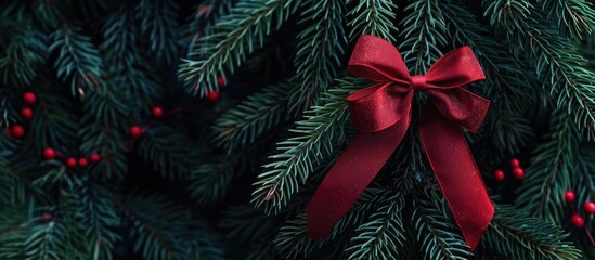 Poster - A red ribbon bow adorns a dark green pine tree branch, with glitter, as a classic holiday ornament in a copy space image.