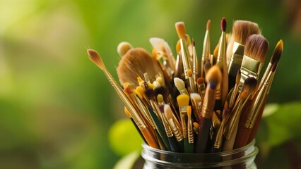 captivating intricate background of assortment of paint brushes in various sizesand shapes, including round, flat, andangled brushes, in a container