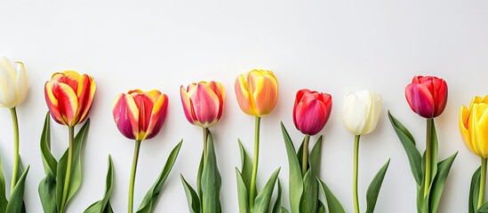 Wall Mural - Tulips displayed on a white backdrop with copy space image.