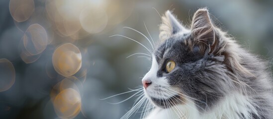 Wall Mural - Cat with fluffy gray and white fur, providing a charming portrait with a serene backdrop of copy space image.