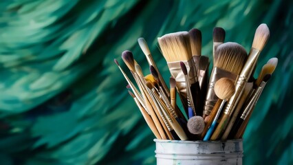 captivating intricate background of assortment of paint brushes in various sizesand shapes, including round, flat, andangled brushes, in a container