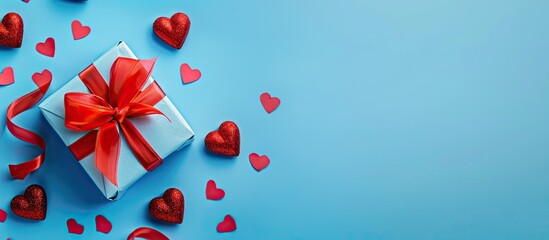 Sticker - Valentine's Day concept with a gift on a blue backdrop featuring an inscription in a copy space image.