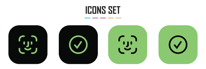 face id icon with check mark box icon with correct or accept. facial recognition and identification face scan line icon set, flat web sign symbol logo button. vector security concept