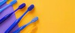 © Ilgun - A flat lay showcasing natural dental care with blue and purple toothbrushes, along with blue and yellow interdental brushes, against a copy space image.
