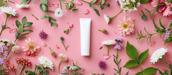 Sticker - Pink background with copy space image showcasing a white cosmetic tube surrounded by natural flower heads, buds, and leaves, highlighting the power of nature in natural cosmetics.