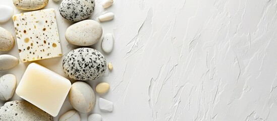 Sticker - Spa stones and soap arranged neatly on a pristine white backdrop with copy space image.