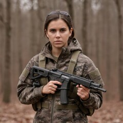 Medium shot portrait of a serious-looking Caucasian female soldier with brown hair, dressed in camouflage and holding a rifle, standing in a forest, embodying strength and determination