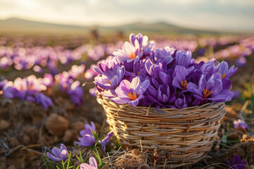 A close-up of a wicker basket filled with vibrant purple saffron flowers, gathered in a sunlit field during harvest season