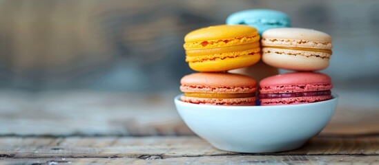 Sticker - Selective focus on a white dish holding a closeup stack of vibrant French macarons with a blurry wooden background, ideal for a copy space image.