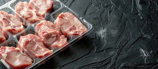 Canvas Print - Packaged pork cuts for grilling, baking, or frying, displayed in plastic containers on a dark stone surface with a blank space for text or images. Copy space image. Place for adding text and design