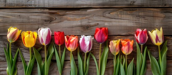 Sticker - Top view of colorful tulips against a rustic wooden backdrop, with a copious amount of space for text or other elements in the image. Copy space image. Place for adding text and design