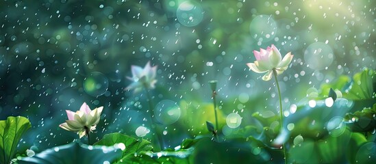 Wall Mural - elegant lotus blossoms shining brightly in the rain with copy space image.
