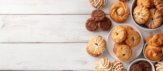 Sticker - Horizontal image featuring mouth-watering biscuits displayed on a white wooden table, ideal for a restaurant menu with ample copy space.