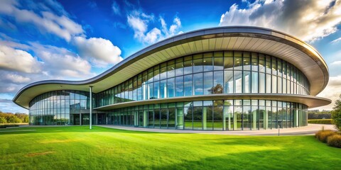 Sticker - Modern building with curved roof and lots of windows surrounded by grassy area, architecture, contemporary, design, urban