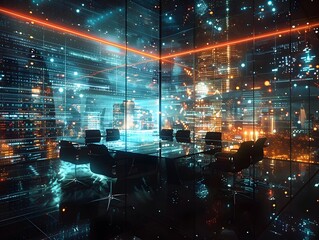 Wall Mural - Surreal Retrofuturistic Digital Data Landscape in Glowing Office Interior