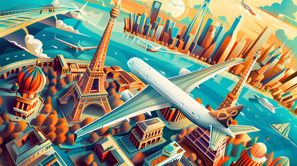 Wall Mural - the world's most iconic tourist destinations flown over by an airplane