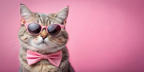 Canvas Print - Cute cat with sunglasses and bow on pink background, cat, sunglasses, bow, pet, adorable, feline, fashion, trendy, cute, stylish, accessory