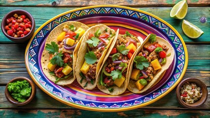 Canvas Print - Delicious tacos with a variety of fillings on a colorful plate, Mexican, food, cuisine, tortilla, tacos, spicy, savory, meal