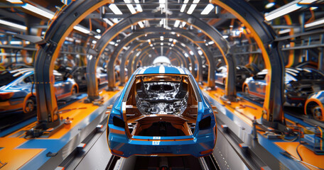 Poster - A car production line with blue cars on the assembly lines, orange and white parts in front of them.