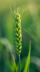 Wall Mural - Close-up of green wheat ears in the grass