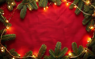 Wall Mural - On a red canvas background, there is a Christmas tree with bokeh lights. Merry Christmas card. Winter holiday theme. Happy New Year.