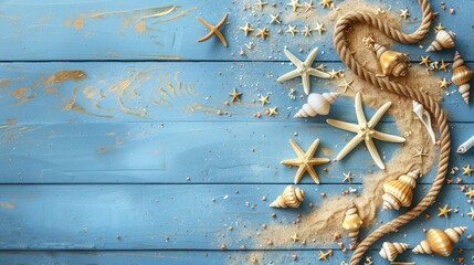 A vibrant coastal-themed arrangement featuring starfish, seashells, and sand scattered on a blue wooden surface. A nautical rope lies in the bottom right corner