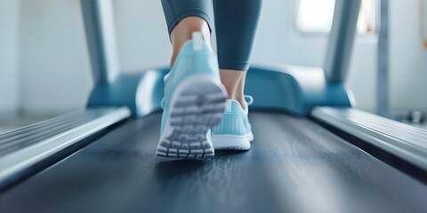 Sticker - Closeup of feet in running shoes on treadmill conveys active healthy lifestyle. Concept Active Lifestyle, Running Shoes, Fitness Motivation, Health and Wellness