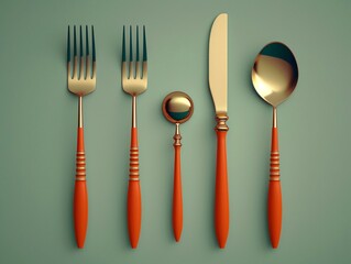 Set of golden cutlery with orange handles is lying on a green background, creating an elegant and minimalist aesthetic. The image evokes a sense of sophistication and modern design