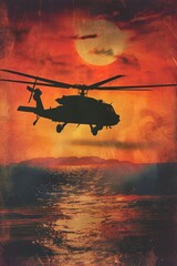 Sticker - A vintage war poster featuring a lone Attack Helicopters AH-64 Apache soaring above a vast desert landscape