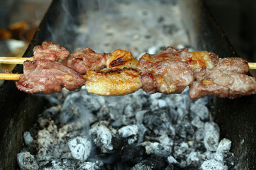 Sticker - Brochettes de viandeMeat skewers on a barbecue. China.