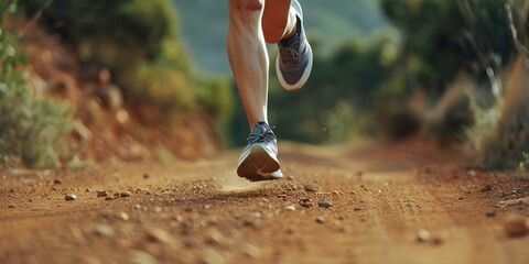 Sticker - Closeup of female trail runner in motion with one foot off ground. Concept Trail Running, Female Athlete, Motion, Closeup Shot