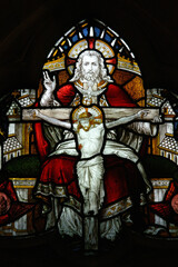 Sticker - Stained glass window depicting Jesus on the cross and the resurrected Jesus. France.