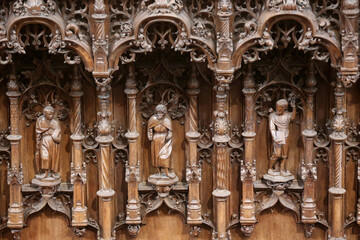 The royal monastery of Brou.  Choir stalls. The oak stalls, made between 1530 and 1532, are distributed along the two bay of the choir.  France.