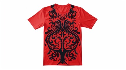 Wall Mural - A red T-shirt with a detailed illustration on a solid white background.