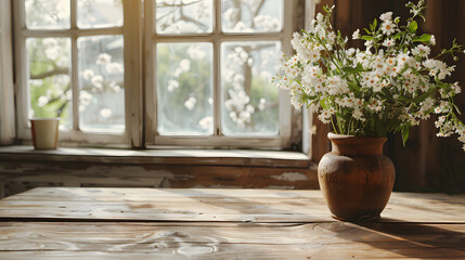 A rustic vase filled with white flowers sits on a sunlit wooden table by a window. The scene captures a peaceful and charming indoor setting with natural light and simple decor.