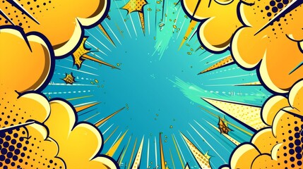 Wall Mural - Comic pop art style yellow explosion halftone on a blue background with space for text