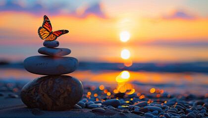 Canvas Print - sunset at the beach with spa stacked stones and a butterfly on top of it 