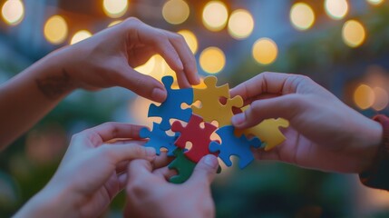 Wall Mural - Hands Assembling Colorful Puzzle